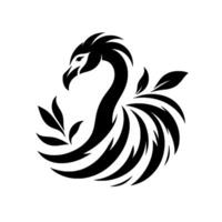 Stylized Black and White Swan with Leaf Accents, Curved Neck, and Feathered Tail on White Background. vector