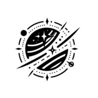 Abstract Celestial Orb Geometric black and white featuring planets, stars, and linear elements. vector