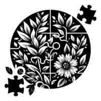 Black and white puzzle featuring floral and botanical patterns, incomplete, symbolizing natures intricacy and connectedness. vector
