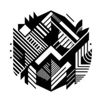 Intricate Geometric Design A symmetrical composition of black and white shapes, lines, and patterns arranged in a circular form. vector