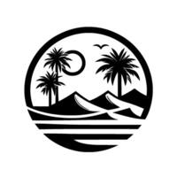 Silhouette of a tropical desert landscape with palm trees, sand dunes, sun, a bird, and water, all contained within a circular border. vector