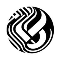 Circular abstract composition featuring a black and white, layered ribbonlike with geometric and minimalist elements, creating a striking visual effect. vector