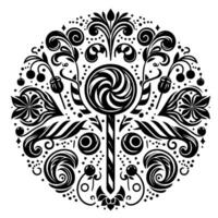 Intricate Black and White Circular Composition featuring a Lollipop at the Center surrounded by Floral and Swirl Ornaments. vector