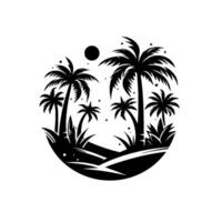 Stylized Black and White Tropical Island Scene in a Circular Frame Featuring Palm Trees, Sun, and Minimalist Landscape. vector