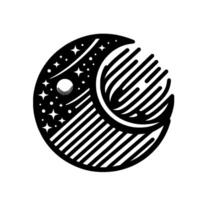 Celestial Harmony A Stylized Black and White Illustration of a Crescent Moon and Starry Night Sphere, Minimalist vector