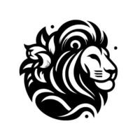 Bold Black and White Lion Head with Flowing Mane and Small Secondary Creature, Minimalist Design. vector
