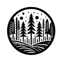 Black and white circular illustration of a serene forest scene, featuring stylized fir trees, rolling hills, and celestial elements within a minimalist aesthetic. vector