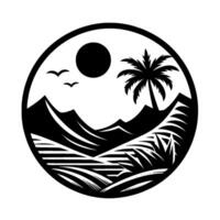 Circular Black White Silhouette Coastal Scene with Mountains, Palm, Sun, Birds, Lush Vegetation Water, within a Simple, Clean Design. vector