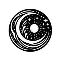 Monochromatic Circular Celestial Illustration Crescent Moon, Starry Night, and Sun in a Stylized Black White Design. vector