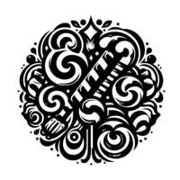 Abstract Black and White Candy Medley Circular Illustration of Swirls, Lollipops, and Candy Canes on White vector