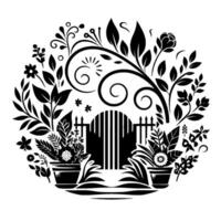 Intricate black and white illustration of a garden scene, featuring a gated entrance, potted plants, and lush foliage arranged in a circular design, evoking a serene and inviting atmosphere. vector