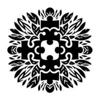 A symmetric, black and white design, featuring interconnected puzzle pieces surrounded by an organic leaflike motif, evoking harmony. vector