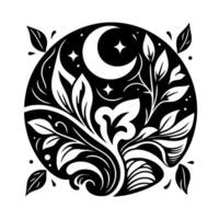 Elegant Monochrome Floral Moon Mandala A Botanical with Celestial Elements, Artistic Composition in Black and White, Evoking Nature. vector