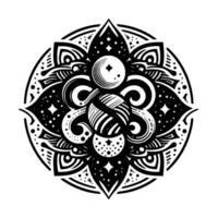 Intricate black and white circular mandala with cosmic and floral elements, evoking balance and harmony, set against a white backdrop. vector