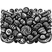 Black and White Intricate Candy Composition Featuring Swirls, Swirls, Treats, and Dessert Motifs in a Decorative Pattern. vector