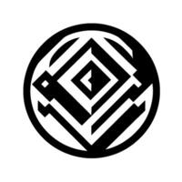Geometric Black and White Circular Emblem with Recursive Diamond and Angular Line on White Background. vector