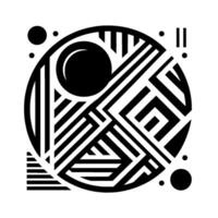 A minimalist black and white abstract design, featuring geometric shapes, circles, lines, and a mazelike pattern within a circular composition, creating a modern visual effect. vector