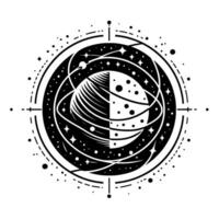 Cosmic Emblem Black and White Minimalist Illustration of a Spherical Planet with Two Halves, Surrounded by Stars, Orbits, and a Compass Rose Design. vector