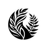 Intricate Black and White Circular Illustration Featuring Two Distinct Leafy Forms, Resembling Ferns, in a Decorative on a Clean Background. vector