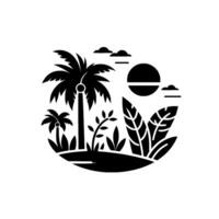 Silhouette of a Tropical Island Scene in a Circle, featuring Palm Trees, Lush Foliage, Sun, Clouds, and Simple Art Style. vector