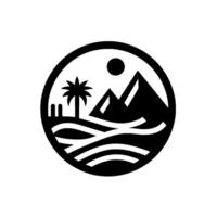 Monochromatic circular featuring palm trees, mountains, sun, and stylized waves, evoking a sense of tranquility and adventure. vector