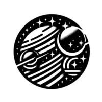 Intricate Black and White Circular Celestial Illustration Depicting Planets, Moons, Stars, and Rings in a Retro SpaceThemed Design. vector