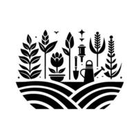 Stylized Black and White Garden Illustration Floral Elements, Field Lines, and Gardening Tools, Evoking Simplicity and Nature. vector