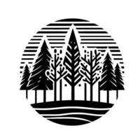 Black and white minimalist illustration of diverse stylized trees within a circular frame, set against a contrasting white background. vector