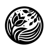 Abstract black and white floral within a circle, featuring a stylized tulip and seed pods, creating a simple and elegant botanical illustration. vector