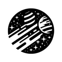 A cosmic black and white illustration of two striped planets surrounded by stars and shooting stars within a circular frame. vector