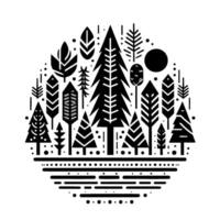 Black and white minimalist illustration of a stylized forest inside a circle, featuring various tree and leaf silhouettes, and a circular sun or moon. vector