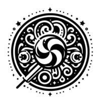 Black and white circular featuring a whimsical lollipop at center, surrounded by stylized swirls, dots, stars, and ornamental elements, creating a decorative and playful pattern. vector