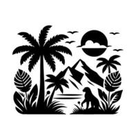 Monochrome jungle silhouette featuring a monkey, palm trees, mountains, sun, and birds, creating a serene natural scene. vector