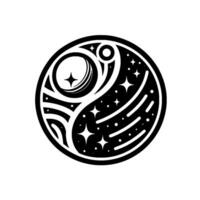 YinYang style celestial emblem, black and white cosmic with stars, moon, and orbital elements within a circular frame, a modern illustration. vector