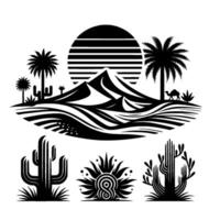 Black white stylized desert landscape with mountains, sun, palm trees, camel, and cactus illustrations. vector