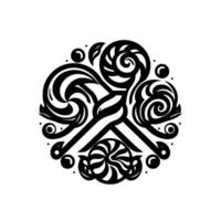 Black and White Candy Medley Circular with lollipops, swirls, and whimsical details, on a bright white background. vector