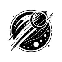 A Bold Black and White Illustration Depicting an Abstract Space Scene with a Planet, Comets, and Stars, Evoking Cosmic Wonder and Mystery. vector