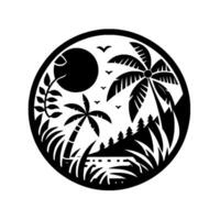 A serene, circular black and white papercut depicting a tropical beach scene with palm trees, sun, birds, and a hut on a coastal landscape. vector