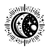 Black and White Celestial Yin Yang Symbol with Crescent Moon, Stars, and Sunburst Burst on White Background. vector
