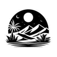 Black and white minimalist desert night scene within an arch shape, with moon, crescent, stars, mountains, and palm trees. vector