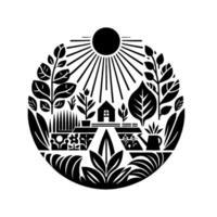 A circular minimalist garden illustration with stylized house, sun, various plants, and a watering can in a black and white design. vector