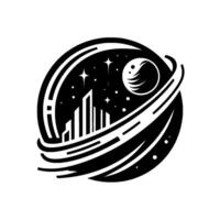 Black and White of City Skyline Under Space, within an Orbital Ring System and Crescent Moon, with Stars. vector