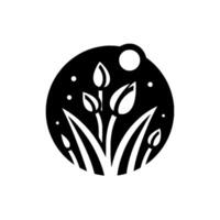 Silhouette of Blooming Tulips, Grass and Orb Within a Dark Circle, Abstract and Minimalist, Inspired by Nature. vector