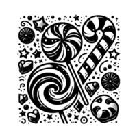Whimsical Monochrome Sweet Treats Swirl Lollipops, Candy Cane, and Festive Confectionery Elements in an Abstract Composition vector