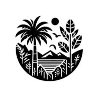 Stylized Black and White Illustration of a Tropical Island Scene Within a Circular Frame Featuring Palm Trees, Mountains, a Lake and Birds. vector