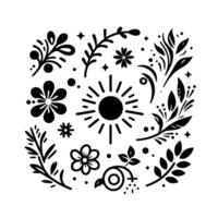 Whimsical Botanical Design Sunburst Surrounded by Floral, Foliage, and Starry Elements in a Clean, Monochromatic Composition. vector