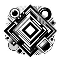 Complex Geometric Composition in Black and White featuring Diamonds, Circles, and Lines in Modern Abstract Style. vector