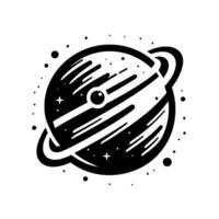 Black and White Illustration of a Ringed Planet with Surface Detail and Surrounding Stars and Celestial Bodies in Outer Space. vector