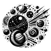 Intricate blackandwhite cosmic illustration featuring planets, stars, space objects, and comet trails arranged in a circular composition. vector