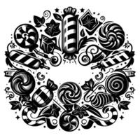 Monochrome Circular Composition of Candies, Lollipops, and Sweet Treats with Decorative Swirls and Accents vector